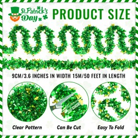 50FT St.Patrick's Day Tinsel Garland Shamrock Clover Green Gold Metallic Tinsel Twist Garland for Irish Party Home Decoration