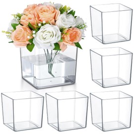 Tioncy 6 Pieces 6 x 6 Acrylic Square Vases for Centerpieces Clear Plastic Vase Cube Flower Vase Bulk for Wedding Centerpieces Home Office Floral Plant Succulent Pots Planters