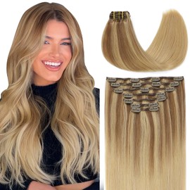 VINBAO Hair Extensions Clip in Human Hair Balayage Golden Brown to Dirty Blonde 140g 16inch 7 Pcs Straight Human Hair Clip in Extensions (#HC101616,16'')