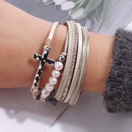 Vercret Leather Wrap Bracelet for Women - Multi-Layer Bracelets with Pearl Cross Beige Magnetic Clasp Bangle Cuff Stacked Bracelet for lady and Mother
