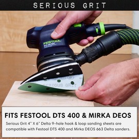 Serious Grit - 180 Grit 4" x 6" Delta (100mm x 150mm) Triangle Sanding Sheets - Fits Festool DTS 400 & Mirka DEOS Delta Sanders - Heavy-Duty Hook & Loop Film Sandpaper for Detail Sanders - 50 Pack Box