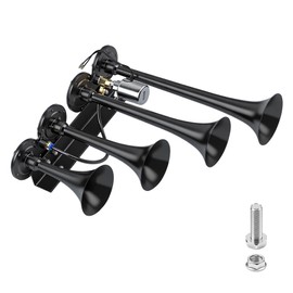 4 Trumpet Train Horn Kit 180dB - Super Loud Air Horn for Trucks, Compatible with 12V/24V Pickups, SUVs, Motorhomes, Boats & Commercial Vehicles (Parallel 4-Trumpet Black)