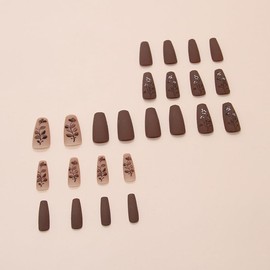 ONPRESS 24 Uñas Postizas Medianas Cuadradas Con Degradado Marrón Y Hojas, Diseño Otoño/Invierno Con Flores, Cobertura Completa, Acabado Mate, Estilo A