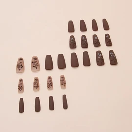 ONPRESS 24 Uñas Postizas Medianas Cuadradas Con Degradado Marrón Y Hojas, Diseño Otoño/Invierno Con Flores, Cobertura Completa, Acabado Mate, Estilo A