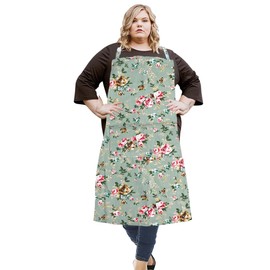 SANFERGE Large Size Canvas Apron for Women with 2 Pockets 39 x 96.5 cm Extra Large XXL Aprons Green Rose, Green Rose