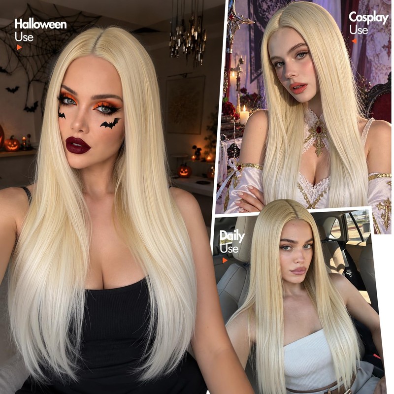 Long Straight Blonde Wig for Women Middle Part Synthetic Wigs