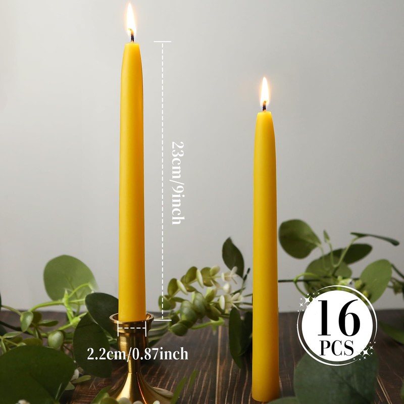 16 Packs Beeswax Taper Candles 9 Inch, All Natural Beeswax