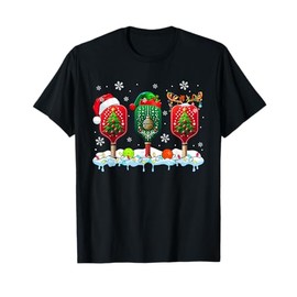 Three Santa Elf Reindeer Pickleball Equipment Player Xmas T-Shirt, black