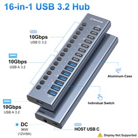 WEEAEEW Powered USB 3.2 Hub, 16 Port USB Hub with 10Gbps Data Speed, 8 USB-A & 8 USB-C Ports, 96W Power Adapter for PC, Laptop, Printer, Camera