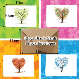 Blank Cards with Envelopes, Pack of 12 Blank Greeting Cards, Note to Say Cards of Four Seasons, Various Tree Styles Designs, Colourful Thank You Cards, Notelets and Envelopes Sets
