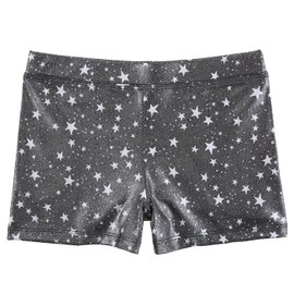 HDE Gymnastics Shorts for Girls Dance Short Glitter Sparkle Tumbling Bottoms Black with White Stars - L 10/12