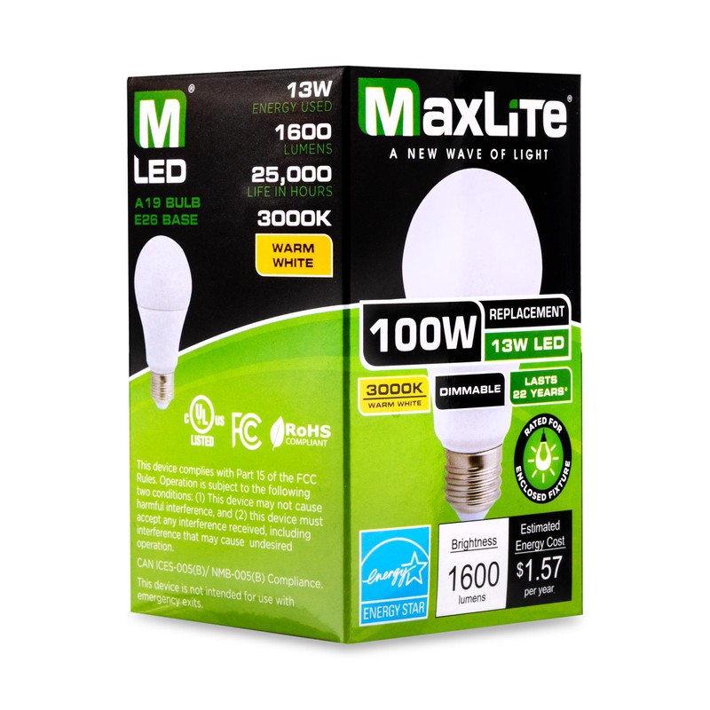 Maxlite E13A19DLED30/G2T LED Light Bulb, 13W A19 Omnidirectional E26 Bulb,