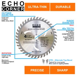 Echo Corner 2 x 115 mm Circular Saw Blade 10 mm Bore 40 Teeth Fine Cutting Finishing End Grain Wood Frame Wood Plywood MDF Plastic Veneer Sawn Wood Laminate