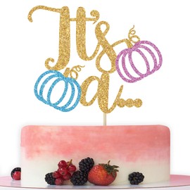 Es una decoración de pastel de revelación de género, decoración de pastel de calabaza para baby shower, niño o niña, él o ella, decoración de fiesta temática de calabaza de otoño