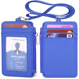 Yeeasy ID Badge Holder with Neck Lanyard PU Leather ID Badge Wallet Case with 1 ID Window, 4 Card Slots, 1 Side Zipper Pocket (Blue)