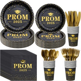 Graduation Party Supplies Plates and Napkins Serve 50,Prom Send off 2025 Disposable Paper Plates and Napkins Set Cups Knives Spoons for Class of 2025 Graduation Party Decorations Black and Gold