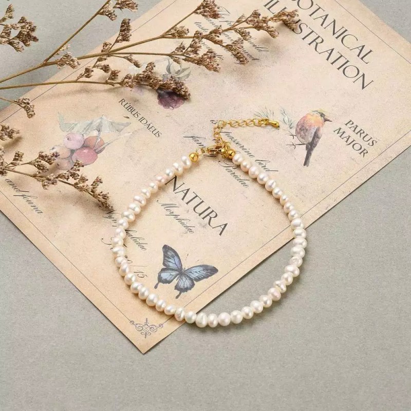 LZD Anklet Bracelet Pearl Beads Chain Stainless Steel Lobster Seashell