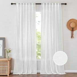 PONY DANCE 102 inch Extra Long Sheer Curtains for Bedroom Living Room, Back Tap Rod Pocket Luxury Linen Curtain Drapes for Sliding Glass Patio Doors,Set 2 Two Panels,102 in Length,Ivory