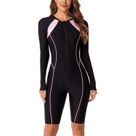 FEOYA Women’s Zipper Knee Length Bathing Suits Long Sleeve One Piece Rash Guard Swimsuits UPF 50+ Surfing Athletic Swimwear Printed Beach Holiday Swimming Bodysuit