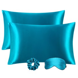 PiccoCasa Peacock Blue Satin Pillowcase for Hair and Skin, Zipper Pillow Cases Standard Size Set of 2, Bed Pillow Covers with Eye Mask and Scrunchie