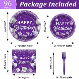 gisgfim 96 Pcs Purple Birthday Party Supplies Paper Plates Napkins Purple Silver Happy Birthday Tableware Set Dinner Dessert Table Decorations Favors for Women Girls Serves 24