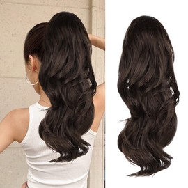 CHRSHN Ponytail Extension, Drawstring Ponytail Extension for Women 20 Inch Long Wavy Brown Pony Tails Hair Extensions Synthetic Clip in Ponytail Hairpiece for Women