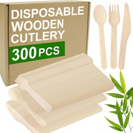 PEOUWNES 300 Pcs Wooden Disposable Cutlery Set - 100 Forks, 100 Knives and 100 Spoons, Compostable Forks, Wooden Utensil Set for Party, Camping, Picnics, Dinner and Wedding