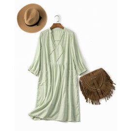 Lafural Womens V Neck Cotton Casual Loose Shift Tunic Smock Summer Dresses Vacation Dress 3/4 Sleeve Pocket Green S