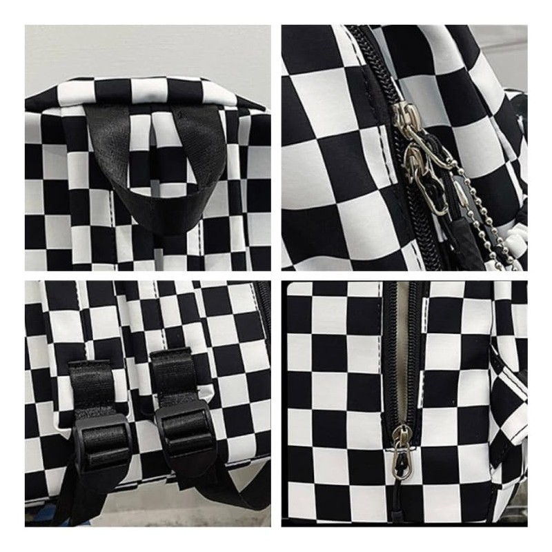 MININAI MININAI Y2K Aesthetic Checkered Backpack with Kawaii Pendant Checkerboard