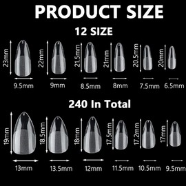 240pcs 12Sizes Almond Nail Tips Short Nail Tips,Clear False Nails, Nail Tips For Gel Extensions For Nails Extension And Women Home Diy