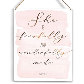 Inspirational She is Fearfully and Wonderfully Made Bible Verse Wood Sign Rustic Psalm 139:14 Flowers Christian Wooden Hanging Plaque for Home Wall Art Decoration 8 x 10 Inches Present