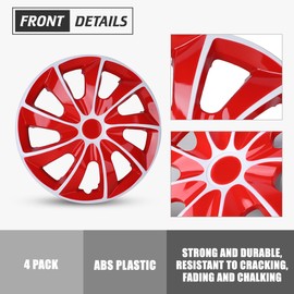 I1MOTOR Hubcaps 15'', Wheel Rim Cover Universal R15 Hub Caps, Snap On Car Pickup Truck SUV, Wheel Covers, ABS & PC Material, Set of 4, 15-Inch, White & Red Lacquer