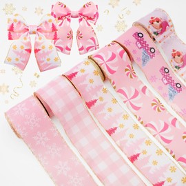 KINGLAKE Christmas Ribbon Wired 2.5 Inch Pink Christmas Wired Edge Ribbon,30 Yards Christmas Tree Ribbon Santa Snowflake Candy Cane Plaid Ribbon for Bow Wreaths Gift Wrapping Xmas Decorations Crafts