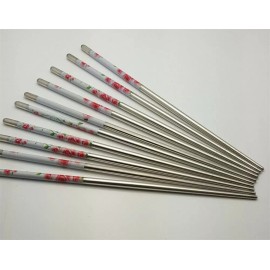 10 Pcs (5 Pairs) High Quality Rose Design Silver Stainless Steel Chopsticks