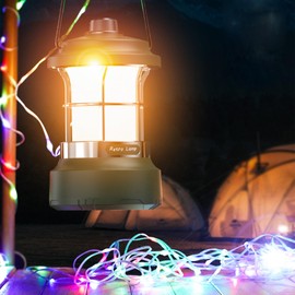 Euakee Camping Fairy Lights, 4 in 1 Outdoor Camping Lantern, Retro Lamp, Waterproof Hanging Tent Lamp for Outdoor Hiking and Fishing, Emergency Power, Torch, Type C Fast Charge, 49 Feet