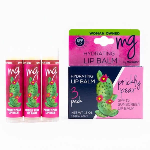 Mad Gab's MG Prickly Pear Sunscreen Lip Balm, SPF 15, Moisturizing Lip Care, UVA/UVB Broad Spectrum Protection, 0.15 Ounces (3 Pack)