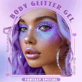 HOSAILY Roll-on Holographic Body Glitter Gel for Face Hair, Chameleon Color Changing Glitter Gel Under Light, Chunky Mermaid Sequins Festival Party Rave Accessories Shimmer Makeup (Purple)