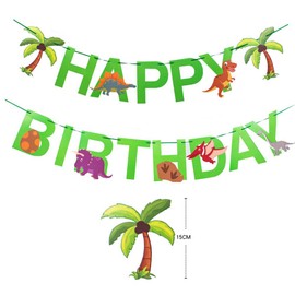 Makfort Children's Birthday Party Happy Birthday Banner with Funny Animal and Foil Balloons Confetti Green for Playschool Decoration Forest, Party Girl Boy, Dinosaurs