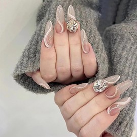 Press on Nails Long Almond Shaped Stripe False Nails Big Glitter Rhinestones Design Fake Nails Artificial Acrylic Nails Full Cover Glossy Reusable Coffin Nails Glue on Nails for Women 24Pcs