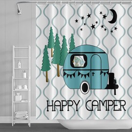DORCEV 48x72inch RV Shower Curtain Sets Happy Camper Outdoor Adventure Camper Trailer Forest Camping Cartoon RV Bathroom Curtain Wavy Line Decorations Bathroom Set Hooks Included Waterproof