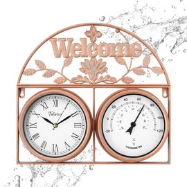 Tulivios 17 Inch Large Outdoor Clock, Pool Clock with Thermometer, Outdoor Weatherproof Non-Ticking Quartz Battery Operated Decor Waterproof Clock for Patio, Garden, Porch