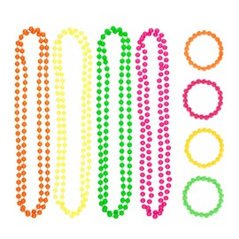 OHEETU 8Pcs 80s Neno Beaded Necklace Bracelet Sets Colorful Plastic Beads Jewelry Retro Party Costume Props Accessories