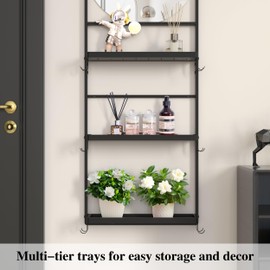 WONSTART 45 x16 Inch Round Entryway Mirror with Hooks, Black Metal Framed Entryway Mirror, 3 Shelves and 12 Removable Hooks for Hallway, Bedroom, Bathroom