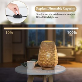Rattan Table Lamp, Stepless Dimmable Small Beside Lamp, Vintage Wicker Wooden Nightstand Boho Bamboo Woven End Table Lamps for Bedroom Living Room Desk Kids Room, 2700K T45 LED Bulb Included