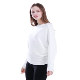 Women's Batwing Sweater Solid Boat Neck Tunic Casual Long Sleeve Knit Pullover Sweater Tops for Women White Medium