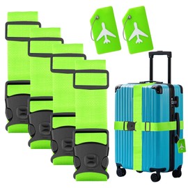 Lymshine Luggage Strap Set of 4 with Luggage Tag Set, Suitcase Strap Eye-catching, Suitcase Straps 2 m Adjustable, Luggage Straps for Suitcase, Green Luggage Strap for Quick Recognition Luggage