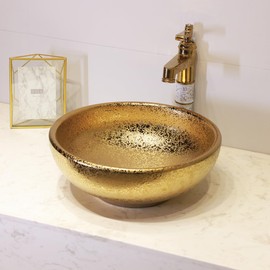 Bathroom Vessel Sink Gold Painted Round Above Counter Basin for Bar Ceramic Vanity Bowl and Cloakroom with Hand Carved Craft