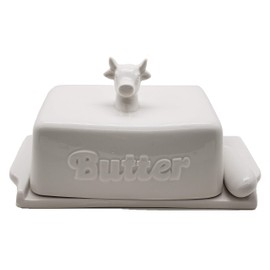 Butter Dish Cow Head Knob With Knife White Stoneware