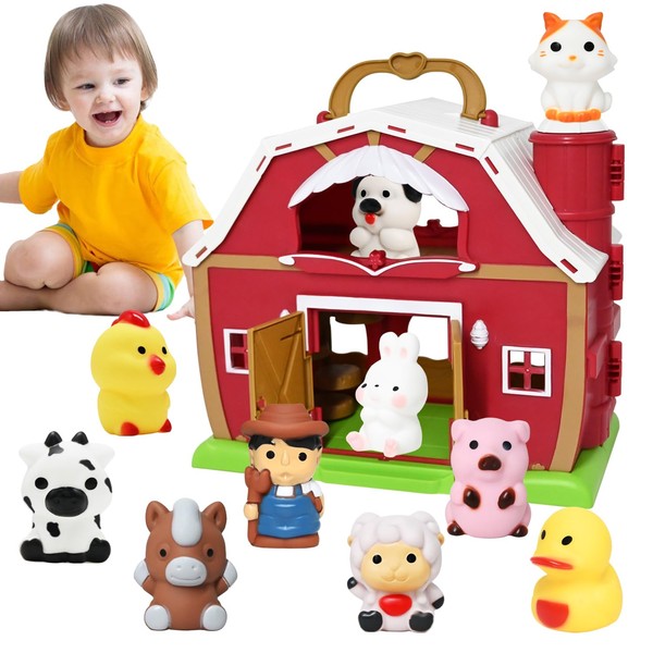 Big Red Barn Toy Farm Animal Finger Puppets for 1-3 Years Old, Pretend Farm Playset with Barn & Farmer, Preschool Montessori Learning Toys, Christmas Birthday Gift for Toddlers Boys Girls