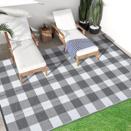 GlowSol 9x12 Outdoor Rugs Waterproof Reversible Outdoor Plastic Straw Rug, Checkered Patio Rug, Indoor Outdoor Carpet, RV Mat Outside for Camping, Picnic, Balcony, Deck, Backyard, Grey & White